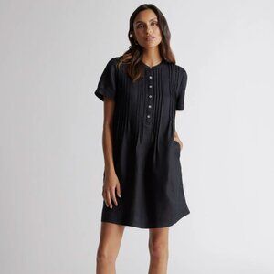 Quince Women's Black European Linen Short Sleeve Swing Dress sz L Buttons